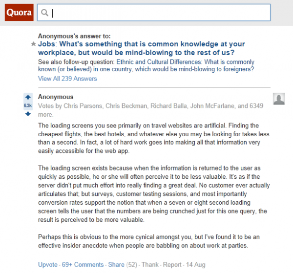 Respuesta en Quora sobre las páginas de buscando / cargando de webs turísticas